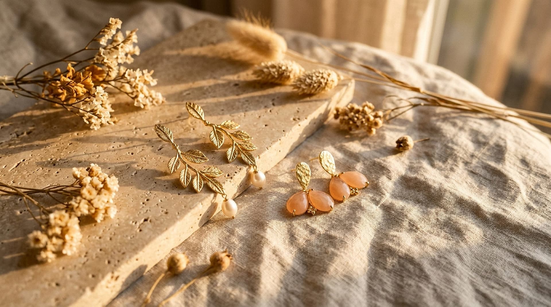 Gold-tone leaf earrings on stone with dried autumn flowers