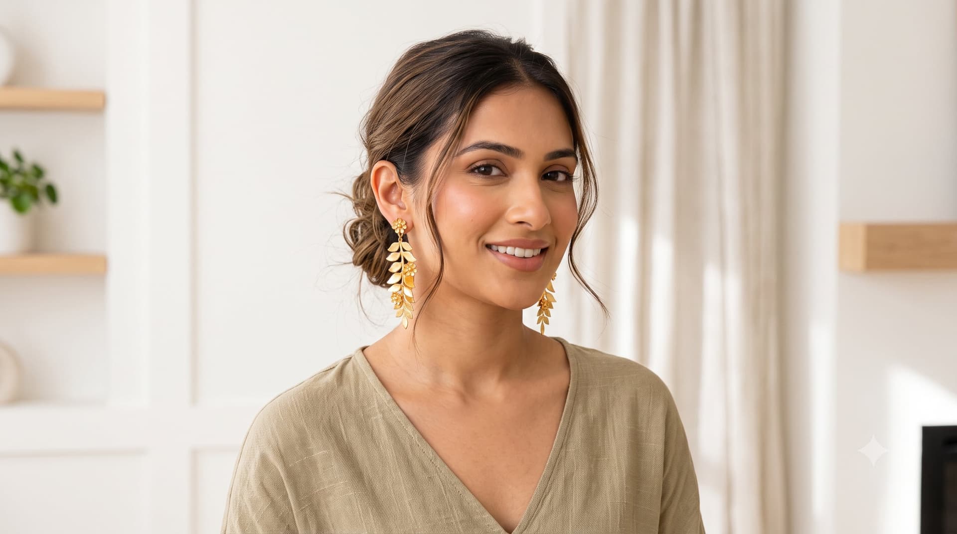 A woman in a linen top wearing long gold-tone leaf earrings