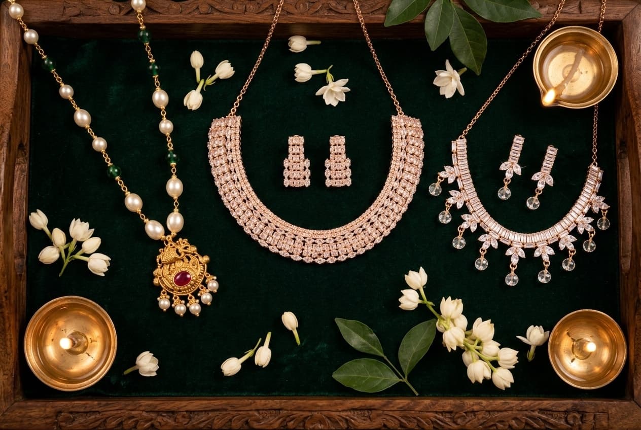 A flat lay of festive gold-tone earrings and necklaces