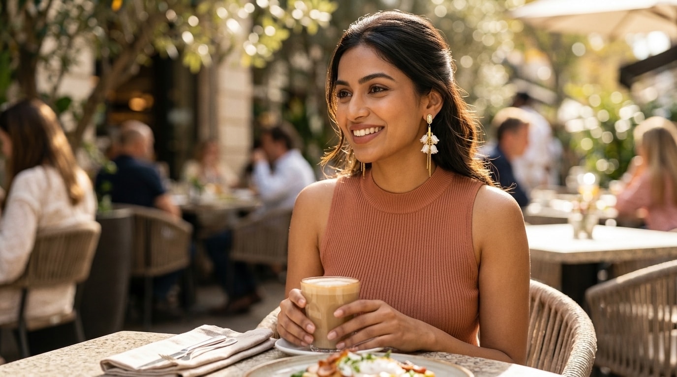 A woman at a sunny cafe terrace with a latte, wearing gold-tone earrings with pearl-look lily bells and chain tassels