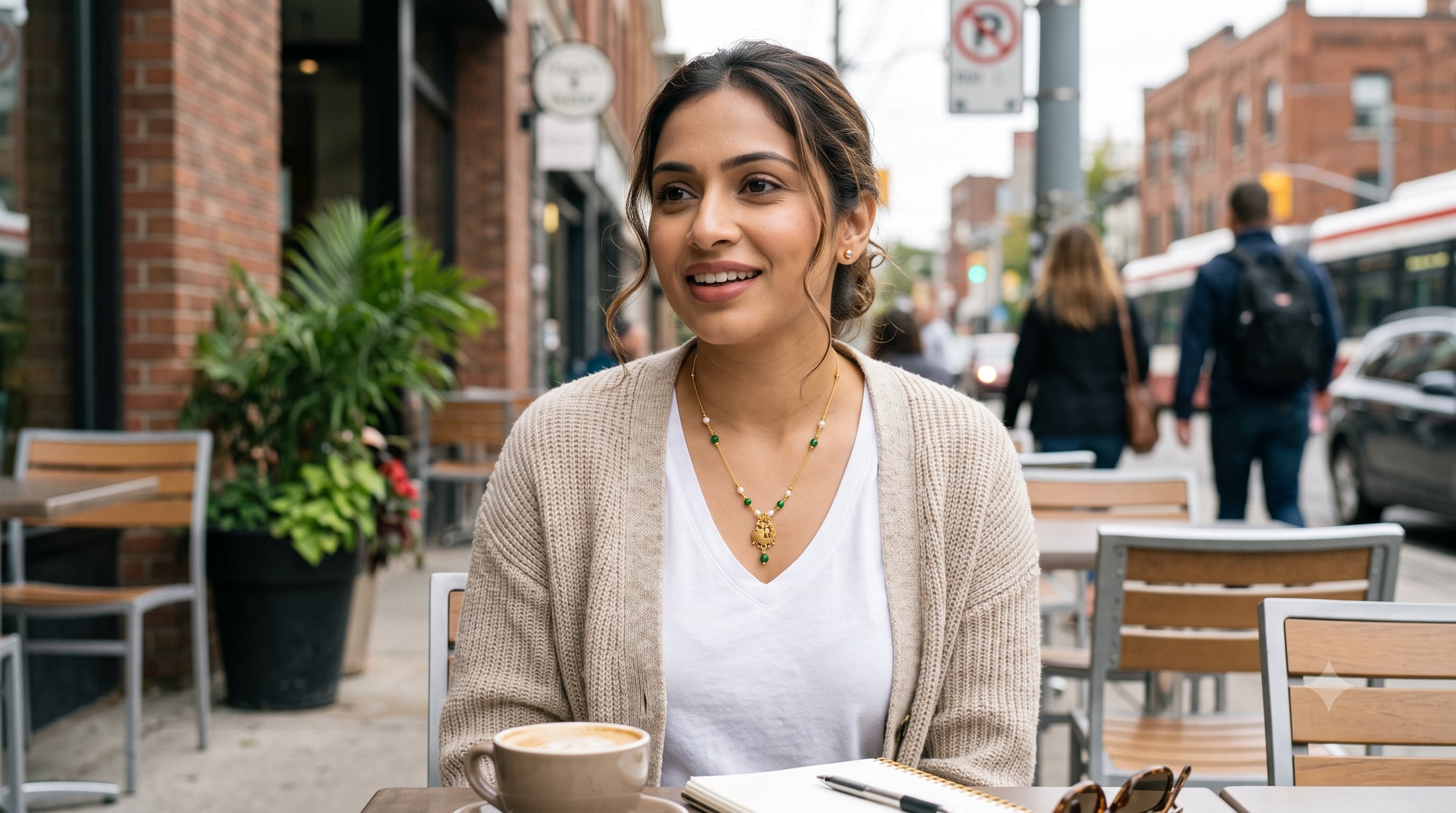 A woman at a street café wearing a green-bead necklace with a peacock pendant