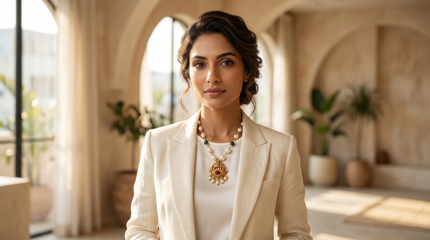 A woman in a cream linen blazer in a sunlit studio, wearing a pearl-look bead necklace with a carved pendant and red stone