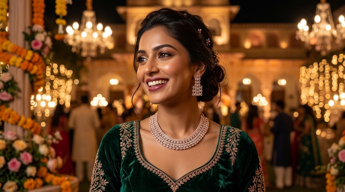 A woman in a green velvet outfit at an evening sangeet, wearing a rose gold-tone stone collar necklace with matching earrings