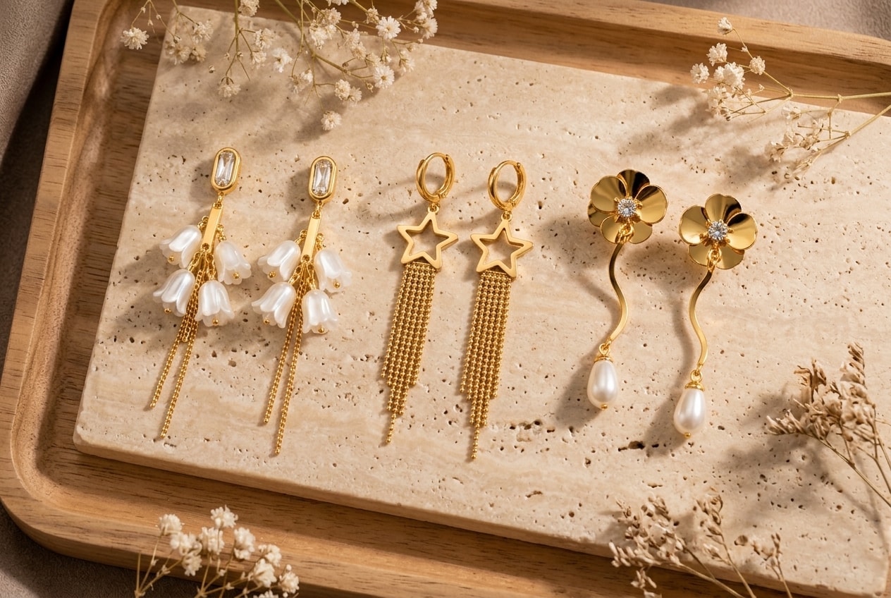 Three pairs of everyday earrings on a travertine tray: lily tassels, star tassels and gold blossom pearl drops