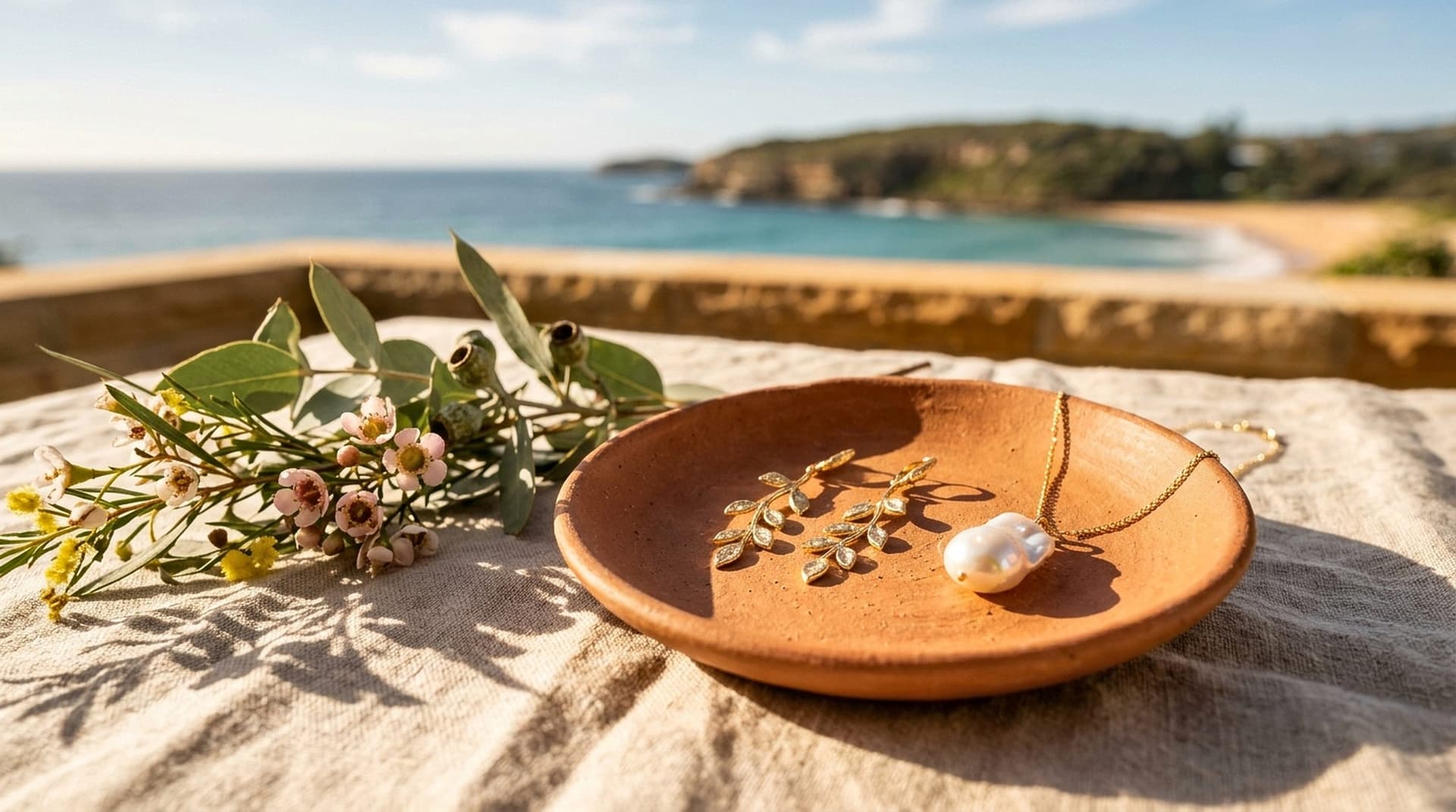 Gold-tone earrings and a pendant on a terracotta dish by the sea