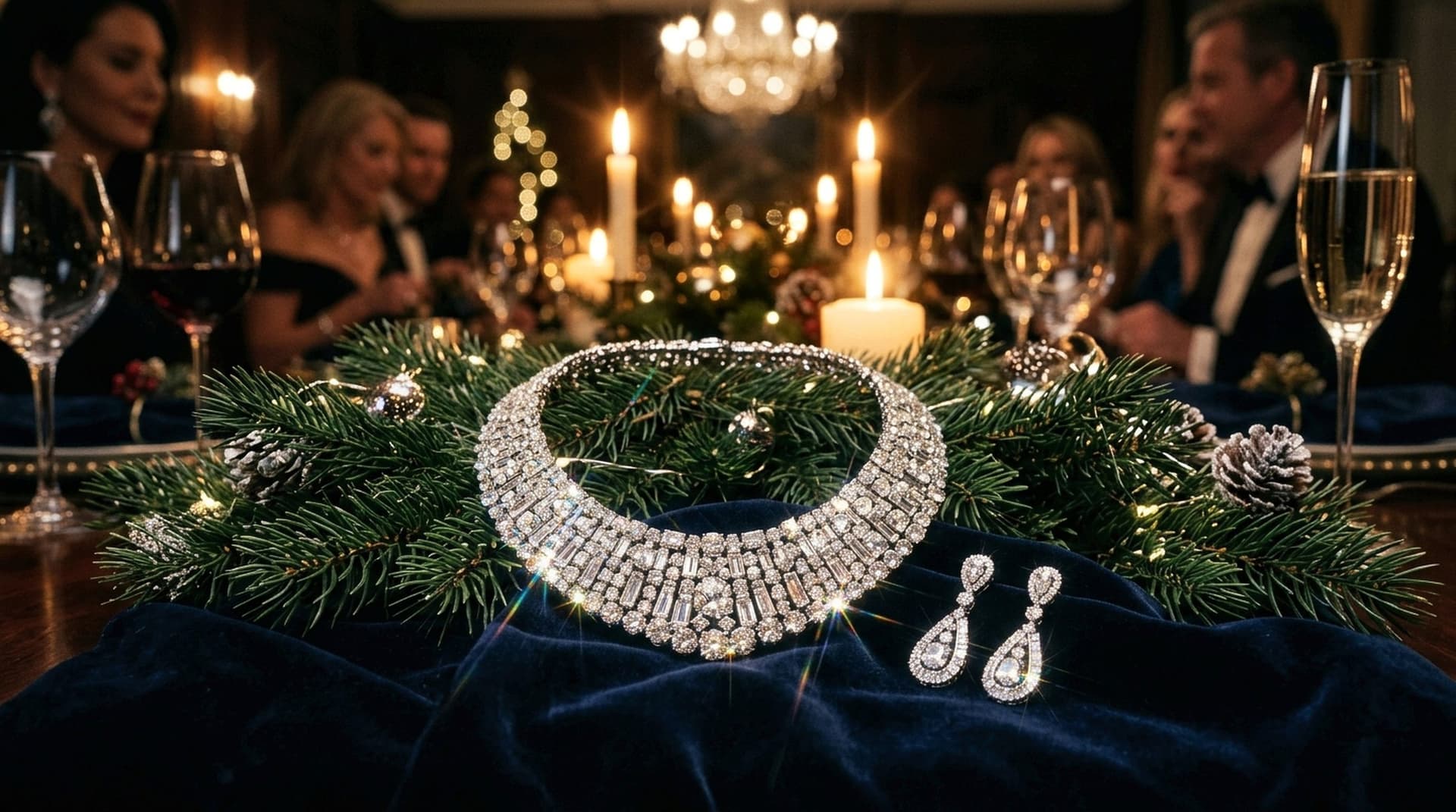 A sparkling necklace and earrings on velvet at a candlelit holiday dinner