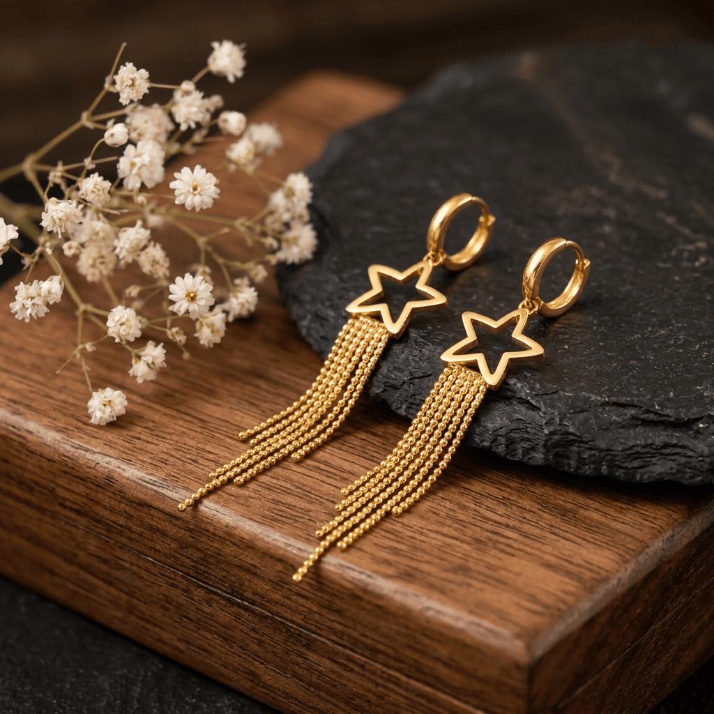 Gold Star Tassel Earrings, laid flat