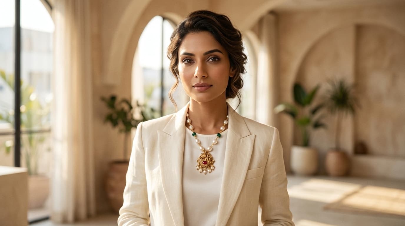 A woman in a linen blazer wearing a pearl-look necklace with a carved pendant