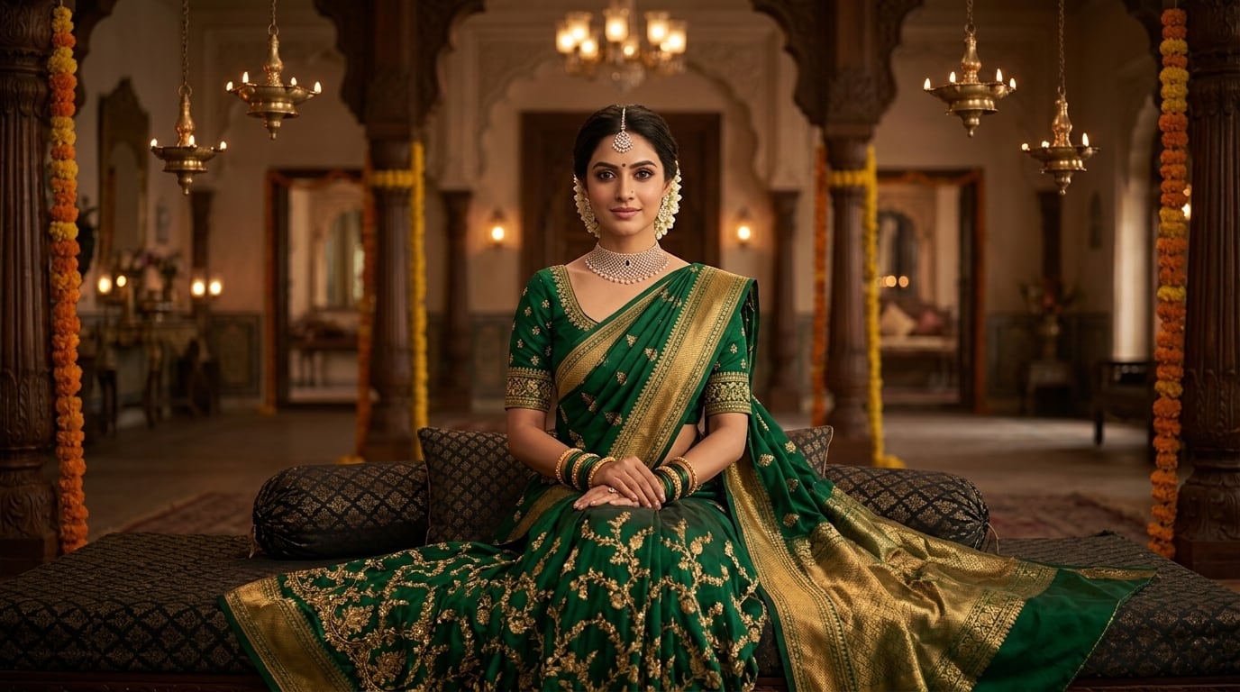 A woman in a green and gold silk sari seated in a lamp-lit hall hung with marigold garlands