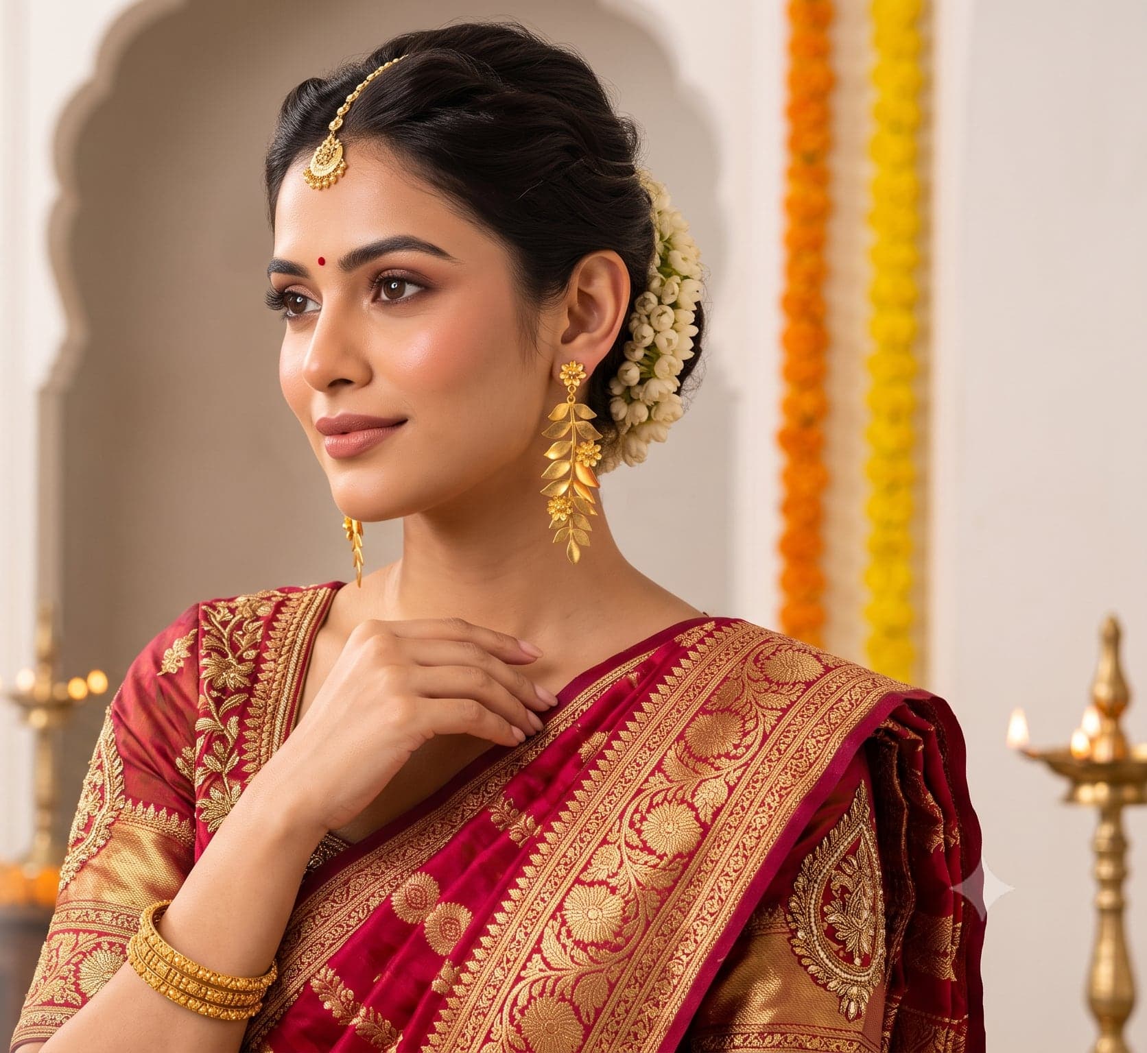 Long gold-tone leaf earrings worn with a silk outfit