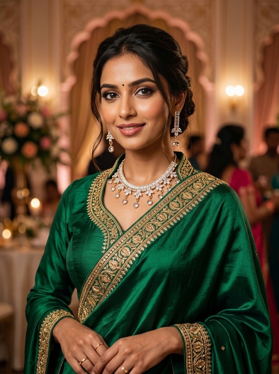 A woman in a green silk sari at a celebration wearing a clear-stone necklace with matching drop earrings