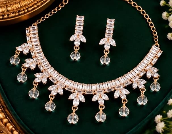 Baguette Drop Necklace Set, laid flat