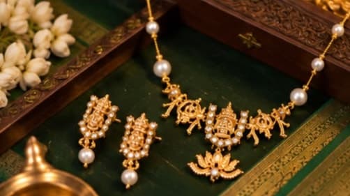 Gaja Lakshmi Pearl Necklace Set, laid flat