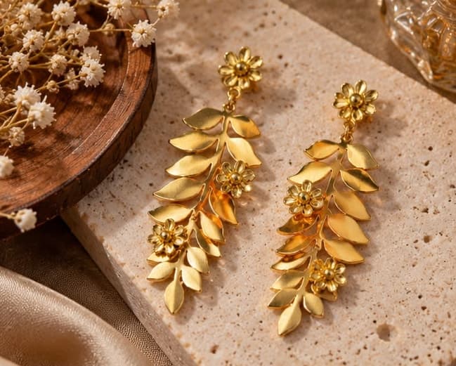 Gold Leaf Vine Earrings, laid flat