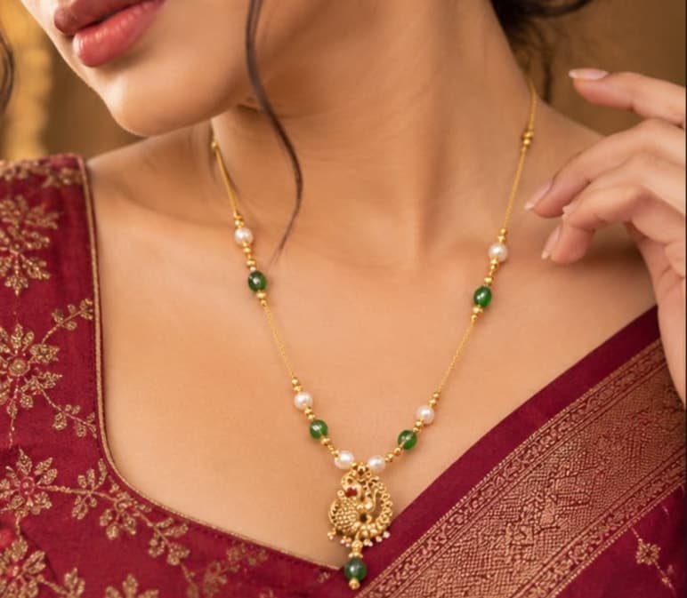 Peacock Pendant Bead Necklace, worn, close up