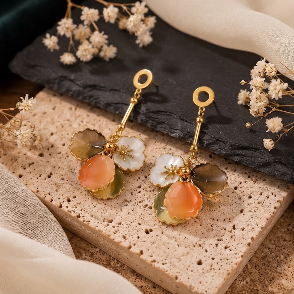 Peach Petal Drop Earrings, laid flat