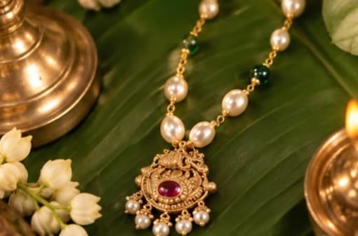 Red Stone Pearl Pendant Necklace, laid flat