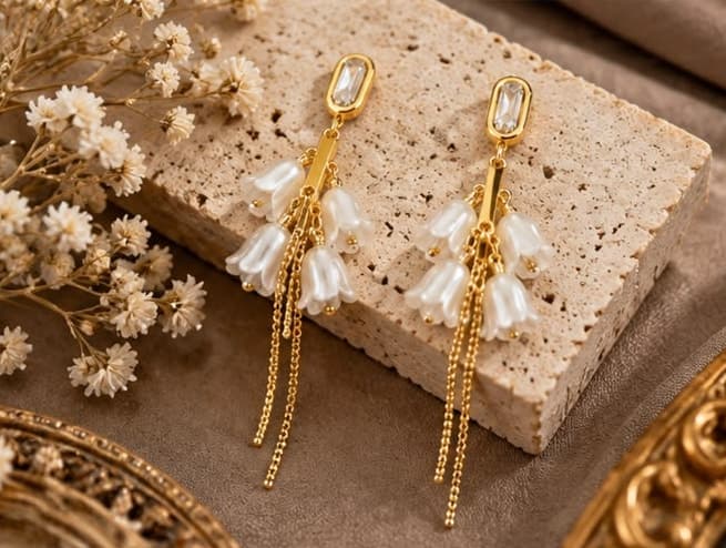 Lily Pearl Tassel Earrings, laid flat